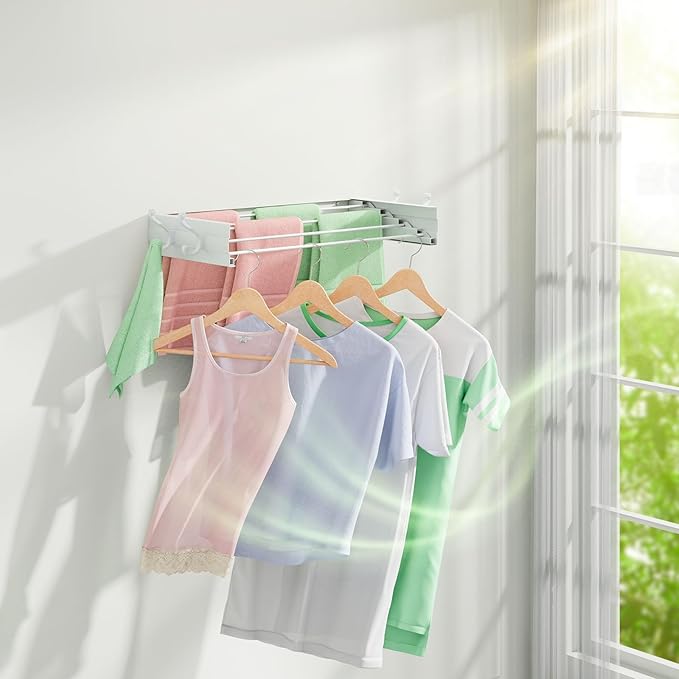 Wall Mounted Drying Rack 23.6", Foldable Laundry Clothes Drying Rack with 4 Towel Hooks and 4 Rods for Hanging Clothes Delicates, Space Saving for Indoor Outdoor Bathroom Balcony Laundry Room (23.6'')