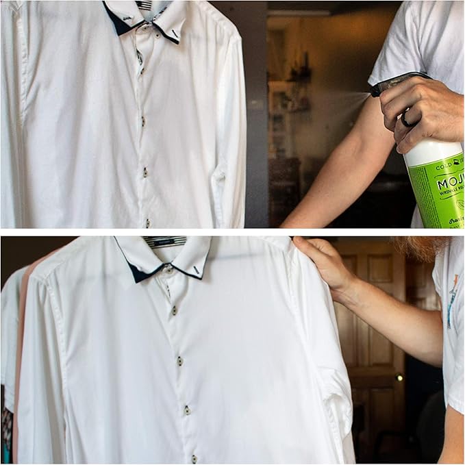 Cold Iron Wrinkle Release Spray for Clothes. 32 fl oz. Mojito Citrus Mint. Plant Based Ironing Alternative. Fast, Easy to Use. Spray, Smooth, Hang. Award Winning Formula Saves you Time