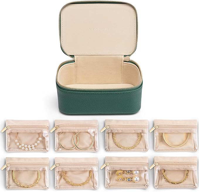 Vlando Jewelry Travel Case,Travel Jewelry Organizer with Clear Velvet Jewelry Bags 8Pcs Zipper Pouch for Women Girl Gift-Green
