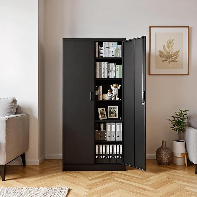 Metal Garage Storage Cabinets,71” Tall Metal File Cabinet with 5 Adjustable Shelves, Lockable Storage Cabinets for Office, Home, Garage, Warehouse 71" H x 31.5" W x 15.8" D (Black)