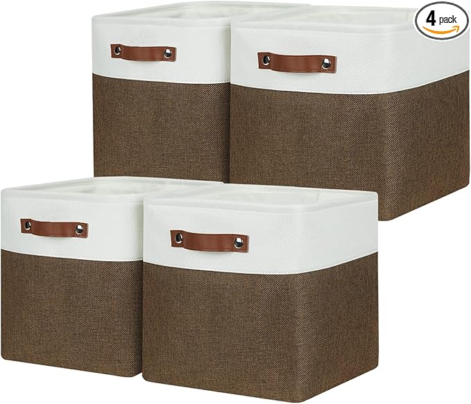 HNZIGE Fabric Storage Baskets 4 Pack,Storage Cube Baskets 11x11, Foldable Cube Storage Bin Baskets for Shelves with Handles, Decorative Storage Bins for Organizer Home Toy Nursery Closet(Brown Gray)