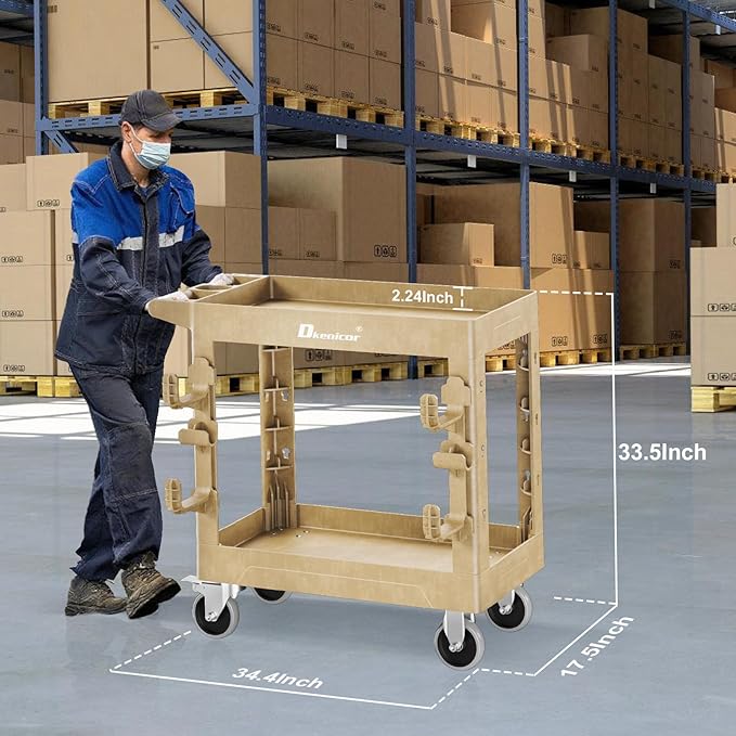 Utility Cart with Max 850Lbs Capacity, 34" x 17" Heavy Duty Rolling Utility Cart, 2 Side Hooks, 360° Swivel Wheels (2 with Brakes), 2 Tier Service Cart for Warehouse/Garage/Garden - Wood Color