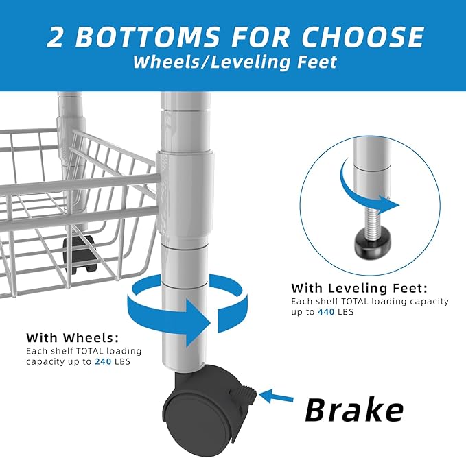 4 Tier Wire Shelving Wire Basket Shelf Storage Cart Adjustable Metal Shelf 2 Bottoms for Choose(Castor or Leveling Feet) for Office,Kitchen,Bedroom,Silver(23.23" L x 13.11" W x 49.21" H)