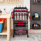 Large Power Tool Organizer Cart with Charging Station, Garage Floor Standing Rolling Drill and Tools Battery Storage Cart on Wheels, Heavy Duty Utility Rack Shelf for Men, Husband, Father.