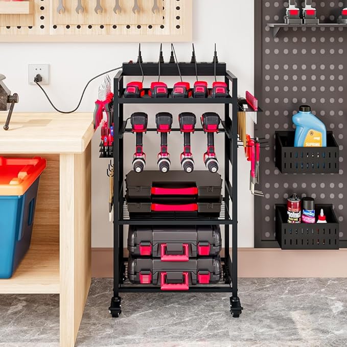 Large Power Tool Organizer Cart with Charging Station, Garage Floor Standing Rolling Drill and Tools Battery Storage Cart on Wheels, Heavy Duty Utility Rack Shelf for Men, Husband, Father.