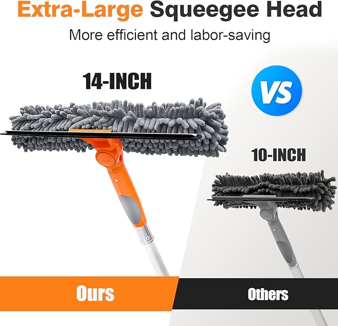 5-12ft Squeegee & 20Ft Reach Window Washer - 14" Extra-Large 2-in-1 Window Cleaner Tool with Extra-Thick Aluminum Telescopic Extension Pole for Indoor/Outdoor, RV, Truck Glass