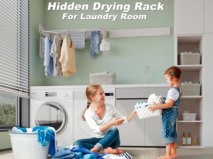 Wall Mounted Laundry Drying Rack - Pull-Out Drying Rack Clothing - 6 Stainless Steel Rods - Collapsible & Hidden for Laundry Room/Bathroom - Heavy Duty & Space Saving (40.0", White)