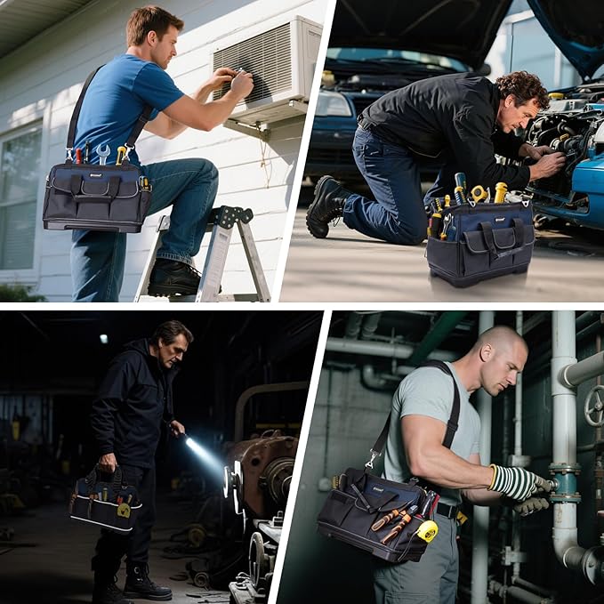 TICONN Heavy Duty Tool Bag with Multi-Pockets, Portable Tool Box Organizer Storage Bag, with Adjustable Shoulder Strap and Ergonomic Handle (Blue, 14" Molded Base)