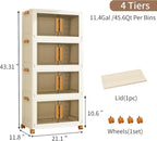 Plastic Stackable Storage Bins with Lids and Wheels, 180QT-45QT*4Tier Foldable Closet Organizers and Containers, Collapsible Clear Drawer Storage Cabinet with Doors Ivory White