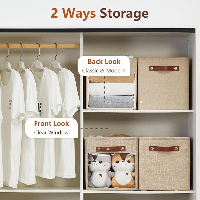 Storage Cube Organizer with Clear Window, Linen Collapsible Storage Boxes with PU Handles, Cube Storage Bins for Shelf, Closet, Cabinet, Bookcase (10.5x10.5x11, Khaki)