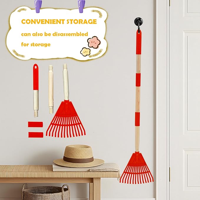 Kids Leaf Rake - 3-Section Adjustable Handle, Lightweight, Wood & Plastic, Small Garden Tool for Children (Red)