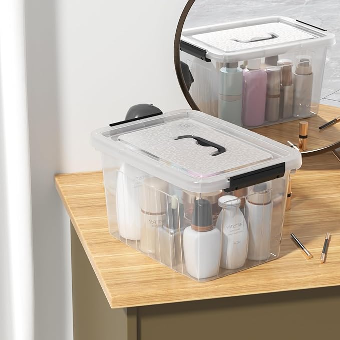 10 Quart Clear Plastic Storage Boxes with Handle, 4-Pack Clear Plastic Storage Bins with Lids