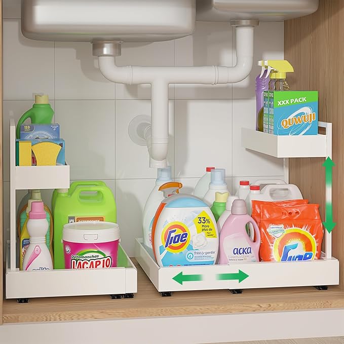 REALINN Expandable Under Sink Organizers and Storage, 2 Tier Under Cabinet Organizer, Heights Adjustable Pull Out Rack for Kitchen Bathroom Laundry, White, 2 Pack