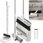 Broom And Dustpan Combo Set, Dust Pan with 3-In-1 Reusable Lint Roller Design 180° Brooms with Self-Cleaning Teeth for Floor Bathroom Kitchen Shower Tile Pet Hair Carpet Couch with 1 Extra Lint Roller