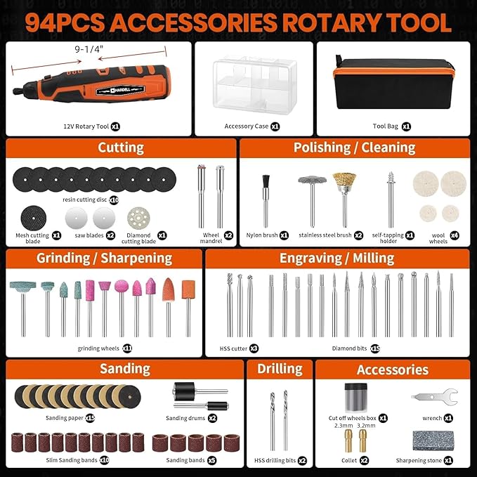 HARDELL 12V Cordless Rotary Tool, 6-Speeds Rotary Tool Kit, 30000RPM Power Rotary Tools with 94 Accessories for Engraving, Sanding, Polishing, Cutting, Carving, DIY and Craft Projects