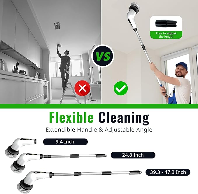 Versatile Depot Electric Spin Scrubber for Bathroom with 7 Replaceable Brush Heads – Power Scrubber with Adjustable Long Handle – Cordless Shower Cleaning Brush for Tile, Tub & Floor