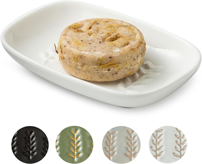 Soap Dish Soap Holder Shower, Ceramic Soap Dishes for Bar Soap Sponge, Shower Soap Dish Soap Saver Tray for Bathroom Kitchen Sink, Easy to Clean, White