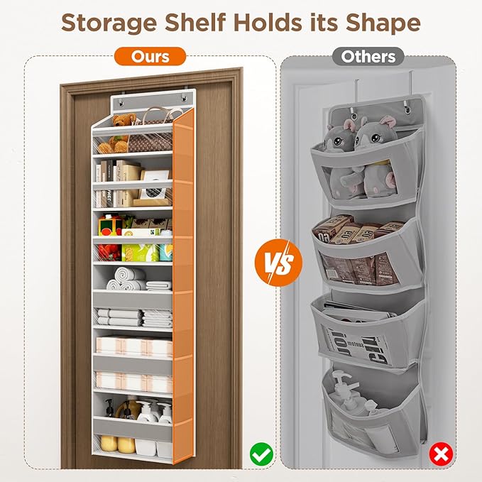 Over The Door Organizer, 6 Shelf Door Organizer Hanging with 6 Large Capacity Pockets, Over The Door Storage Hanging Shelves for Closet Wall Bathroom Closet Bedroom Nursery
