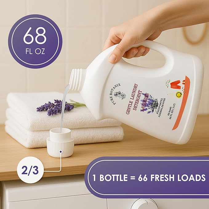 Lavender Organic Plant- Based Laundry Detergent 68 Fl Oz | 66 Loads, Natural Hypoallergenic Non-Toxic Soap for Sensitive Baby Skin. Concentrated Enzyme Stain Remover, Sulfate Free