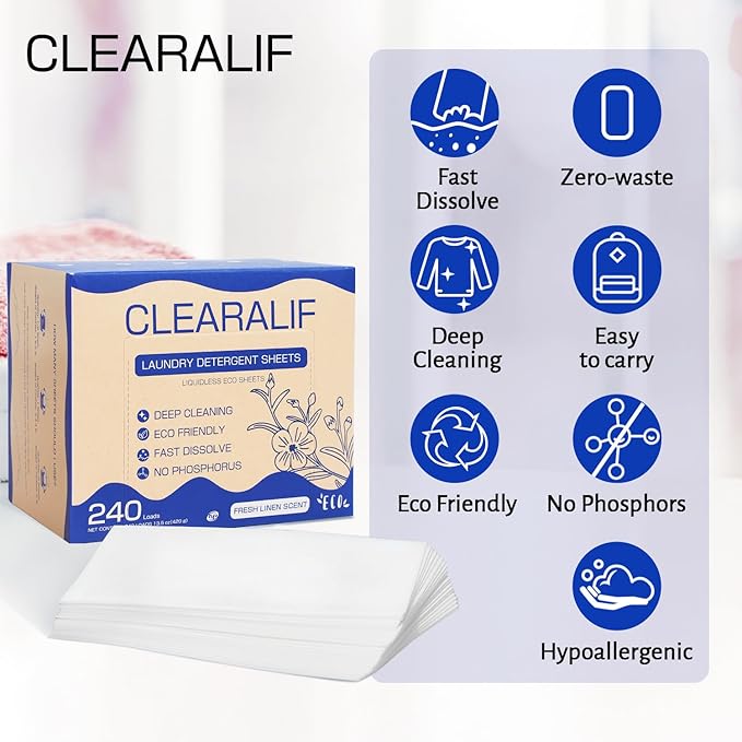 CLEARALIF Laundry Detergent Sheets Up to 240 Loads, Fresh Linen - Great For Travel,Apartments, Dorms,Laundry Detergent Strips Eco Friendly & Hypoallergenic