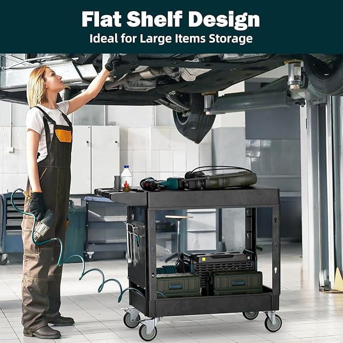 Heavy Duty Utility Service Tool Cart, 39 x 17 in, 2 Shelf Flat Top Rolling Cart with Hanging Board, 550LBS, Swivel Wheels, Ergonomic Handle for Garage, Warehouse, Office, Workshop, Auto Repair