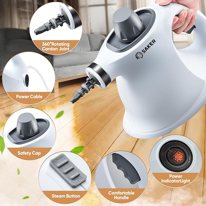 Saker Handheld Steam Cleaner,Portable Steam Cleaner for Home,Powerful 1050W Steam Cleaner Set,Includes 8 Attachments and 5 Fiber Cloths for Quick Heating & Deep Cleaning of Floors, Cars, and Kitchen