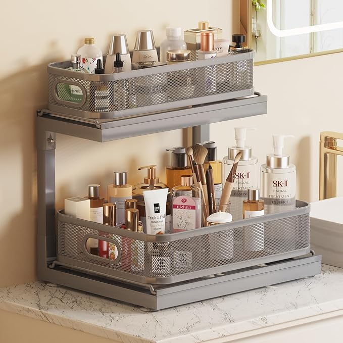 2-Pack Under Sink Storage Organizer with 2-Tier Slide Out Drawer, Sophisticated Mesh Pull Out Shelf for Kitchen & Bathroom, Fits Small Items, Upgraded Arched Track for Smooth Gliding(Patented)
