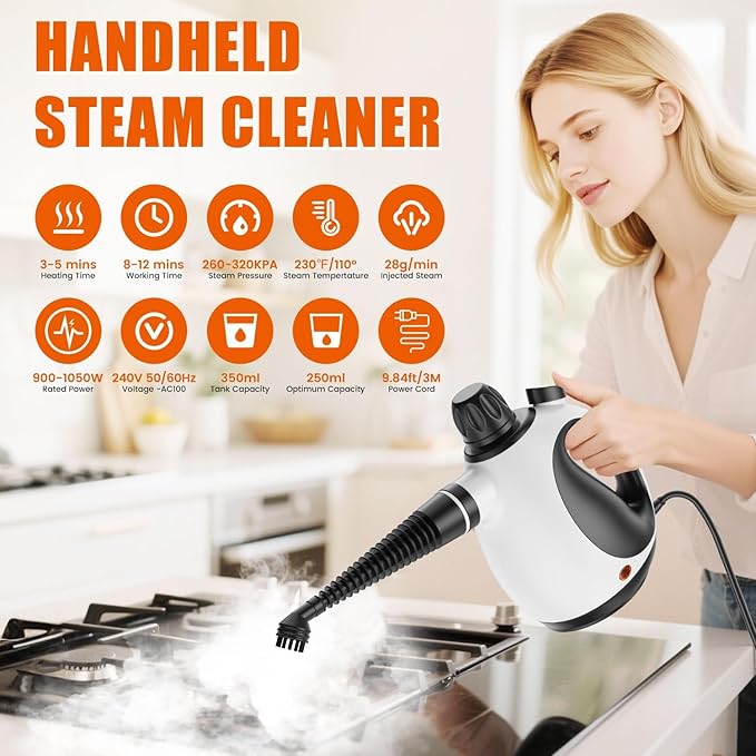 Handheld Steam Cleaner for Home - Pressurized Handheld Steamer for Cleaning with High Pressure, Chemical-Free Multi-Purpose Portable Deep Steam Cleaner for Cleaning Windows, Couch(White)