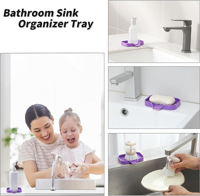 Silicone Bathroom Soap Dishes with Drain Spout-Bathroom and Kitchen Sink Organizer,Sponge Holder,Dish Soap Tray,Perfect for Dispenser,Scrubber,Bottle,Cup on Sink or Counter-Purple 4.9"×3.2"