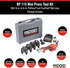 RIDGID 72558 Model RP 115 Mini Press Tool and Battery Kit with 1/2" to 3/4" ProPress and PureFlow Press Tool Jaws, 2V Li/Ion Battery, 12V Charger, and Carrying Case