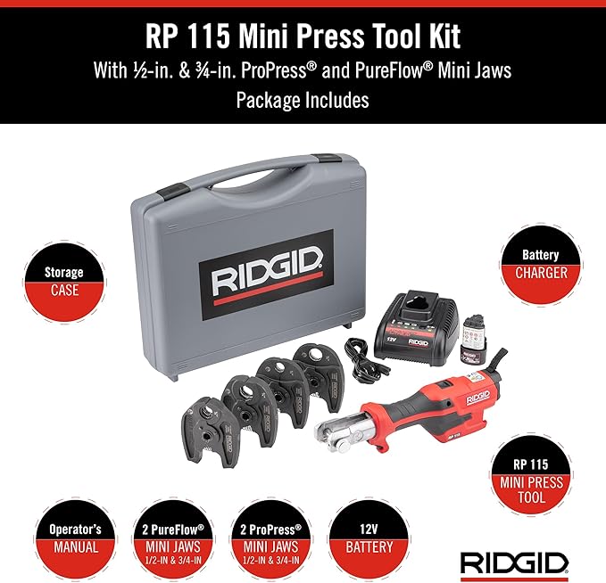 RIDGID 72558 Model RP 115 Mini Press Tool and Battery Kit with 1/2" to 3/4" ProPress and PureFlow Press Tool Jaws, 2V Li/Ion Battery, 12V Charger, and Carrying Case
