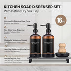 Kitchen Soap Dispenser Set with Instant Dry Tray,16 Oz Hand and Dish Soap Amber Glass Dispenser Set,Stainless Steel Pump,Waterproof Labels&Dish Brush,Luxury Soap Bottle for Kitchen,Bathroom