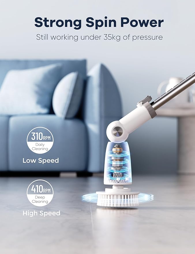 Electric Spin Scrubber,Floor Power Scrubber with Long Handle Dual Speeds,Cleaning Brush Cordless,Shower Scrubber Scrub Brush with 3 Adjustable Angles,8 Brush Heads for Bathroom Tile