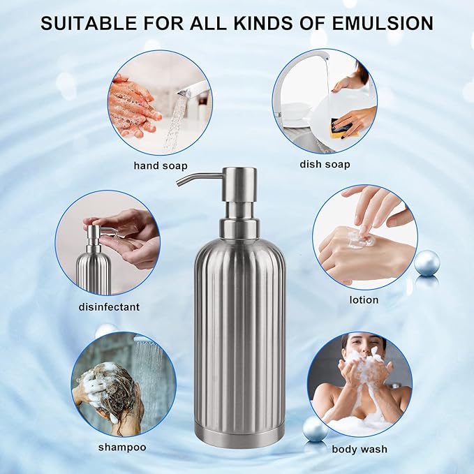 Soap Dispenser 18 Oz with Non-Slip Coaster, Stripe Design Dish Soap Dispenser Brushed Nickel, Refillable Liquid Hand Soap Dispenser for Bathroom, Kitchen Soap Dispenser Premium Stainless Steel
