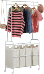 Laundry Sorter 4 Sections,Laundry Basket Organizer with Double Hanging Bars,Laundry Sorter Cart with Hanging Clothes Rack for Laundry Room for Bedroom Laundry Room Clothing Storage, White