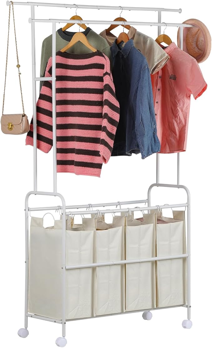Laundry Sorter 4 Sections,Laundry Basket Organizer with Double Hanging Bars,Laundry Sorter Cart with Hanging Clothes Rack for Laundry Room for Bedroom Laundry Room Clothing Storage, White
