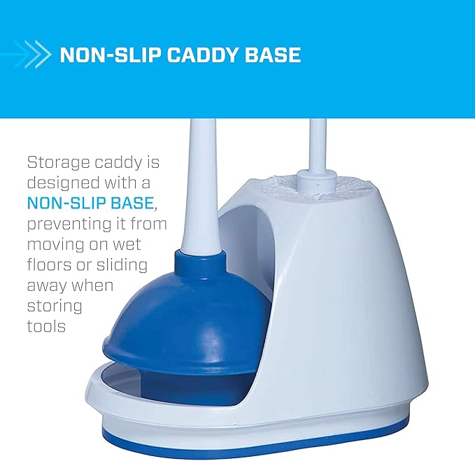 Mr. Clean Toilet Plunger and Bowl Brush Combo with Caddy, 3-Piece Heavy-Duty Plunger, Toilet Brush, and Caddy Set, White/Blue