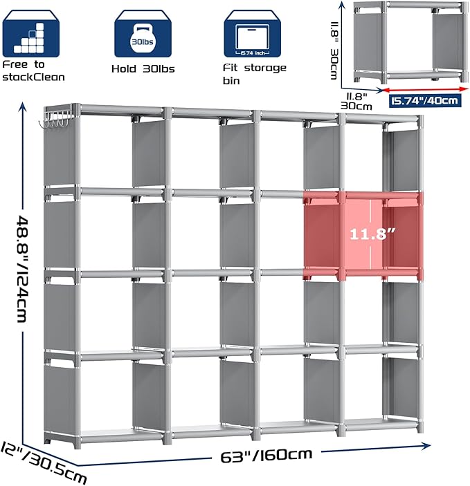 Mavivegue Book Shelf, 16 Cube Storage Organizer, DIY Bookcase, Metal Cube Bookshelf,Tall Book case for Bedroom, Living Room,Office,Closet Storage Organizer, Grey Cubicle Storage Rack
