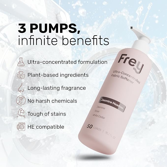 FREY Natural Liquid Fabric Softener & Conditioner | Laundry Softener for Clothing | Works In All Machines + HE | Powered by Natural Ingredients (2-pack, Jasmine Rose)