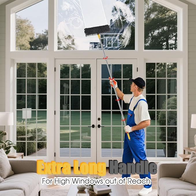 81" Long Handle Window Cleaner Tool Squeegee with Extension Pole, 2 in 1 Large Surface Window Cleaning Kit, Professional Window Washing Kit for High Windows Glass Car Mirror Solar Panel
