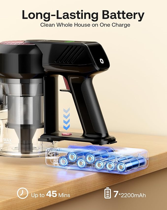 Cordless Vacuum Cleaner, 40Kpa 45Mins Vacuum Cleaners for Home, 8-in-1 Lightweight Stick Vacuum with Powerful Suction, Anti-tangle Wireless Vacuum for Carpet, Tile, Pet Hair, Hardwood Floors, Black