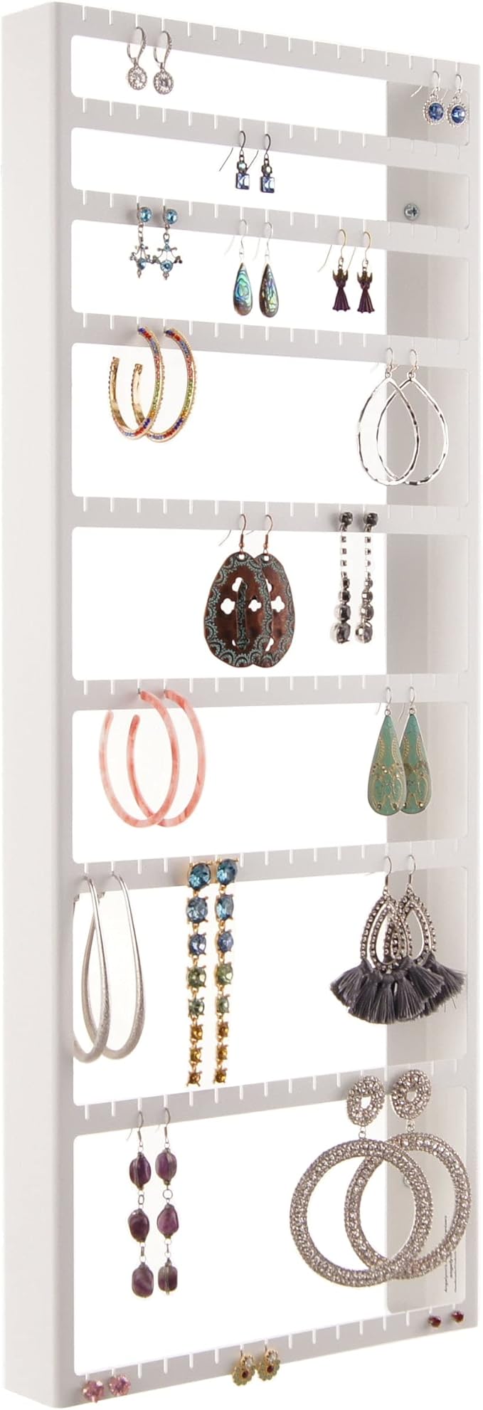 Angelynn's Wall Mounted Big and Small Earring Holder Organizer Display Women Long Post Stud Large Dangle Hoop Pierced Earrings, Hanging Closet Jewelry Storage Rack, Mary White 9"x23"