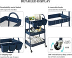 danpinera 3-Tier Rolling Cart, Metal Rolling Storage Cart with Lockable Wheels & Hanging Cups & Hooks, Mobile Trolley Cart for Kitchen, Bathroom, Office, Workshop, Dark Blue