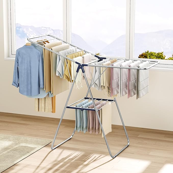 KINGBOARD Clothes Drying Rack, Laundry Drying Rack with Height-Adjustable, Foldable Gullwing for Easy Storage, No Assembly, Indoor Outdoor Use, 56.4" D x 21.6" W x 39.3" H, Blue