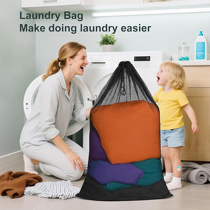 Large Mesh Laundry Bag for Travel: 2 Pack 23 x 34 Inches Heavy Duty Hamper Liner Bags - Washable Laundry Drawstring Bag for College, Dorm, Family and Apartment Dwellers, Black