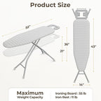 Yaheetech Foldable Ironing Board, Heavy Duty Iron Board with 9 Adjustable Heights, 4 Layer Cover and Safety Iron Rest, 52X14 Compact and Space Save Iron Board for Home Laundry Room Use, Gray&White