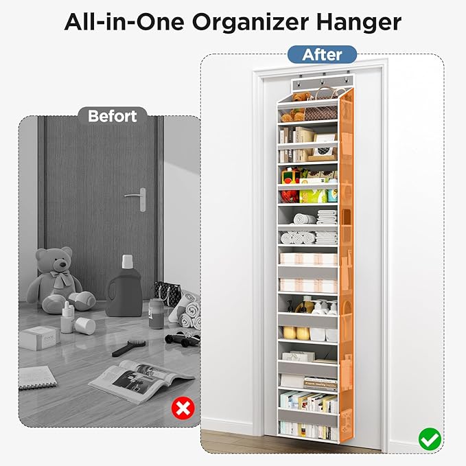 Over The Door Organizer, 8 Shelf Door Hanging Organizers with 8 Large Capacity Pockets, Back of Door Organizer Storage Hanging Shelves for Closet Bathroom Bedroom Nursery