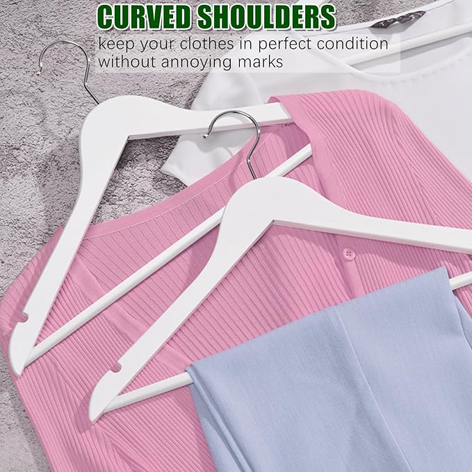 Amber Home 30 Pack White Wooden Coat Hangers, White Wood Suit Hangers with Non-Slip Pant Bar, Clothes Hangers for Closet Organization, Shirts, Jackets, Dresses, and Pants (White, 30)