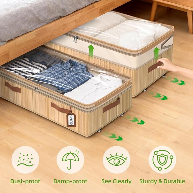 Livole 2 Pack Bamboo Under Bed Storage with Wheels, 6-10 inches Height Adjustable Underbed Storage Containers, 92L XXXL Large Rolling Under Bed Storage Bins for Clothes, Blankets, Sweater, Shoes