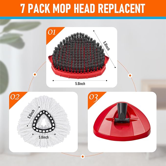Mop Head Replacement Pads Compatible with O-Cedar EasyWring 1 Tank Triangle Mop,5 Spin Mop Head Refill Replacement,One Upgraded Scrub Brush & One Base for Deep Clean